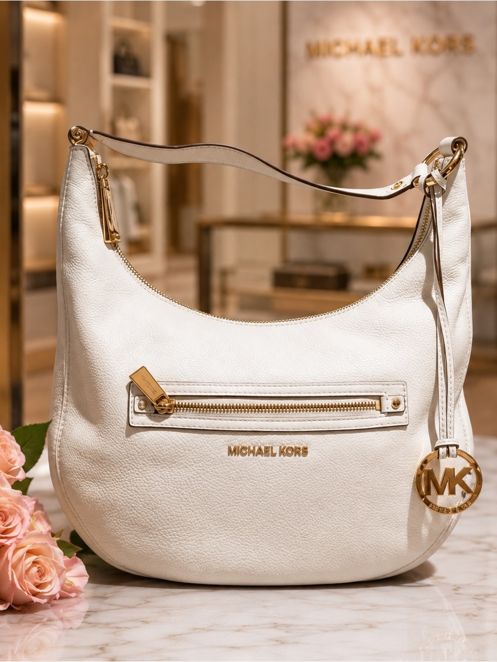 Michael Kors Rhea SM Fringe Messenger Shoulder/Hobo/Crossbody Bag Optic White